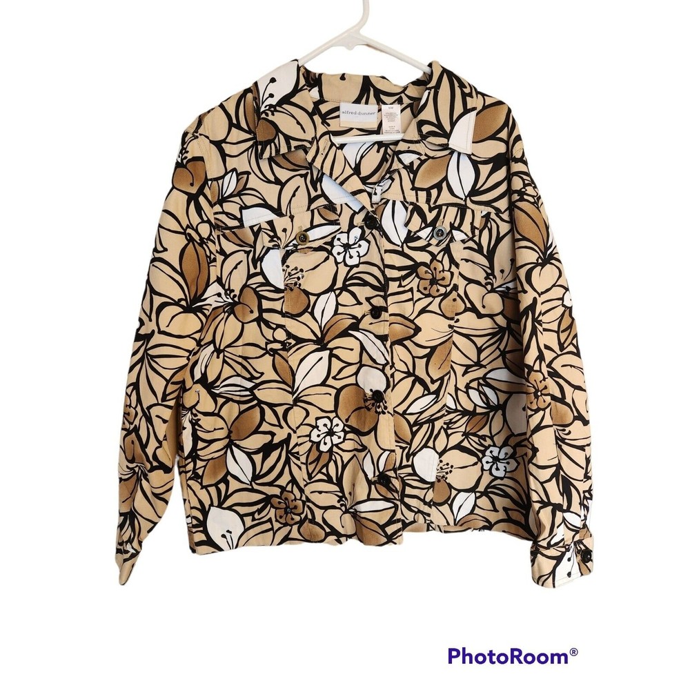 Alfred Dunner Sz 16W Floral Tan Black Blazer Jacket Buttoned